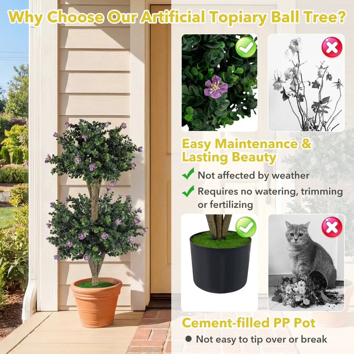 2 Pack 36" Artificial Double Ball Boxwood Topiary Tree with 41 Blossoms, photo 13 of 16