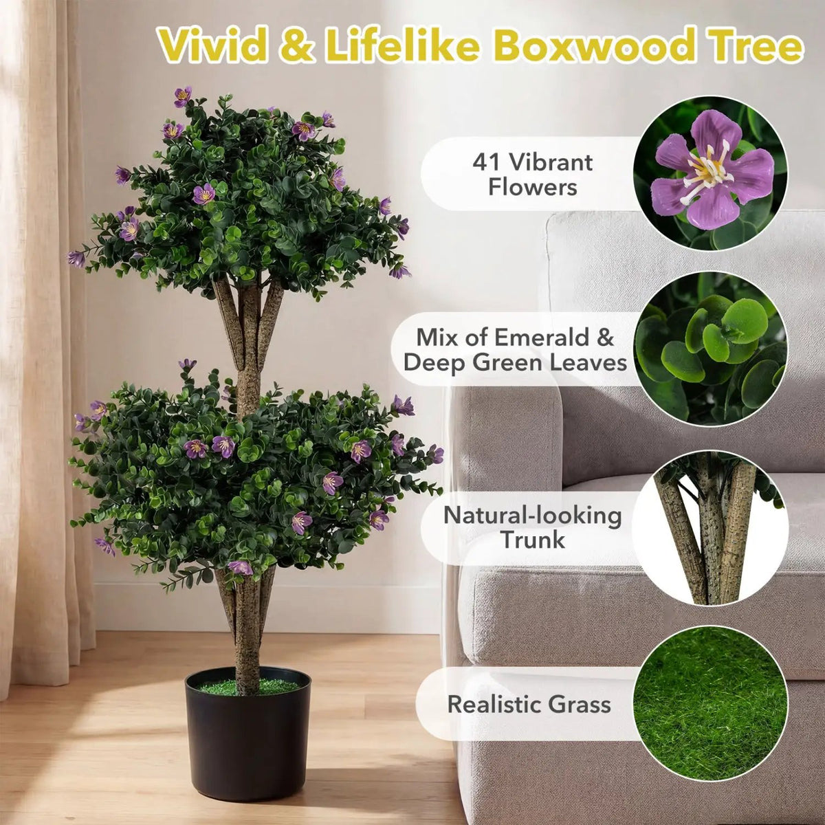 2 Pack 36" Artificial Double Ball Boxwood Topiary Tree with 41 Blossoms, photo 15 of 16
