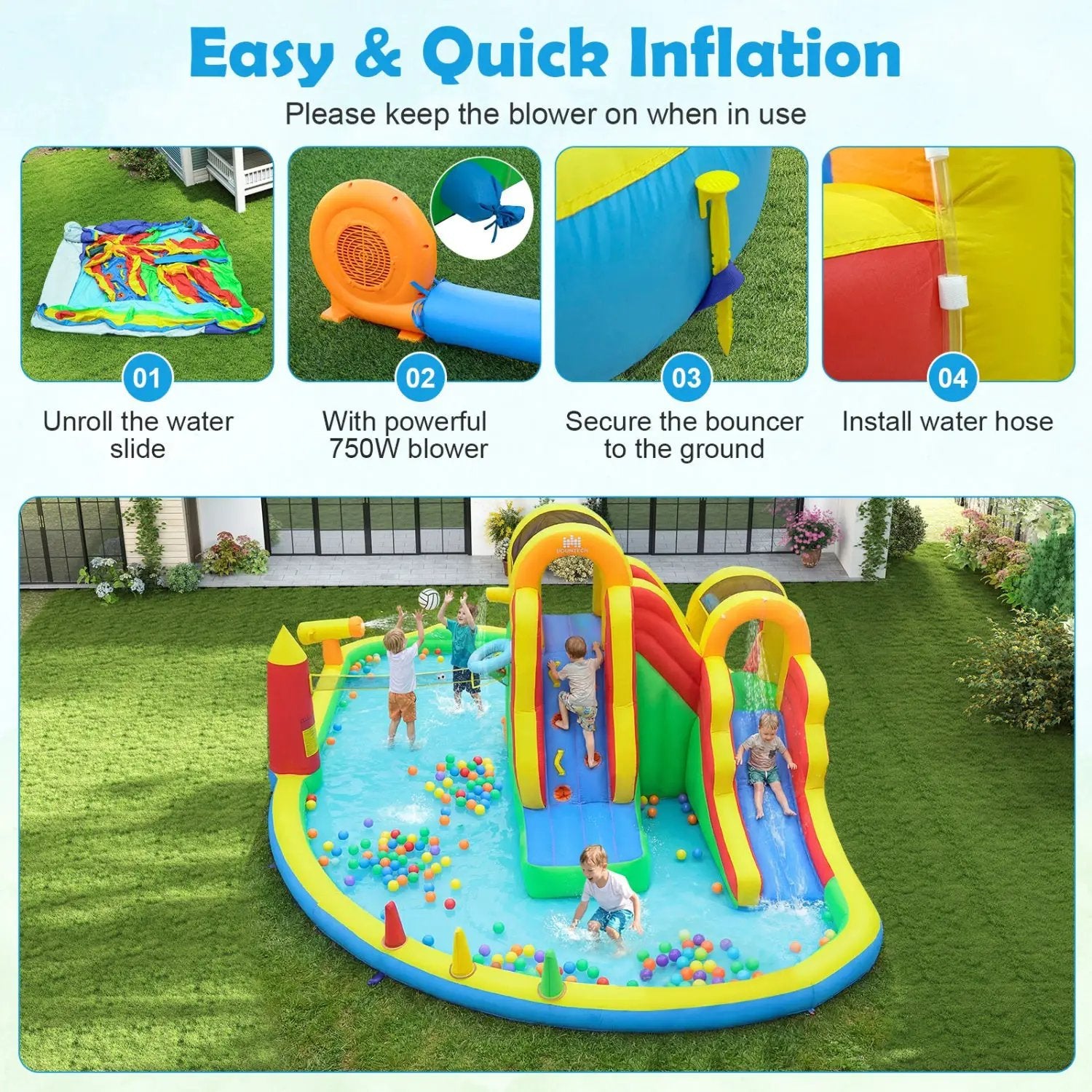 8-in-1 Giant Bounce House with 2 Long Slides for Yard Party with 750W Blower by DirectDeals
