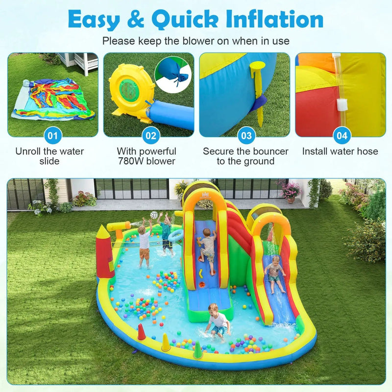 8-in-1 Giant Bounce House with 2 Long Slides for Yard Party with 780W Blower by DirectDeals