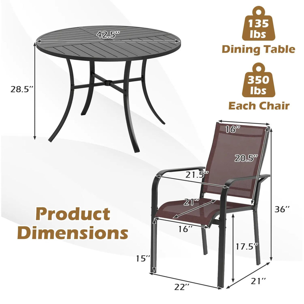 5 Pieces Patio Dining Set for 4 42.5 inch Outdoor Round Metal Table, photo 2 of 15
