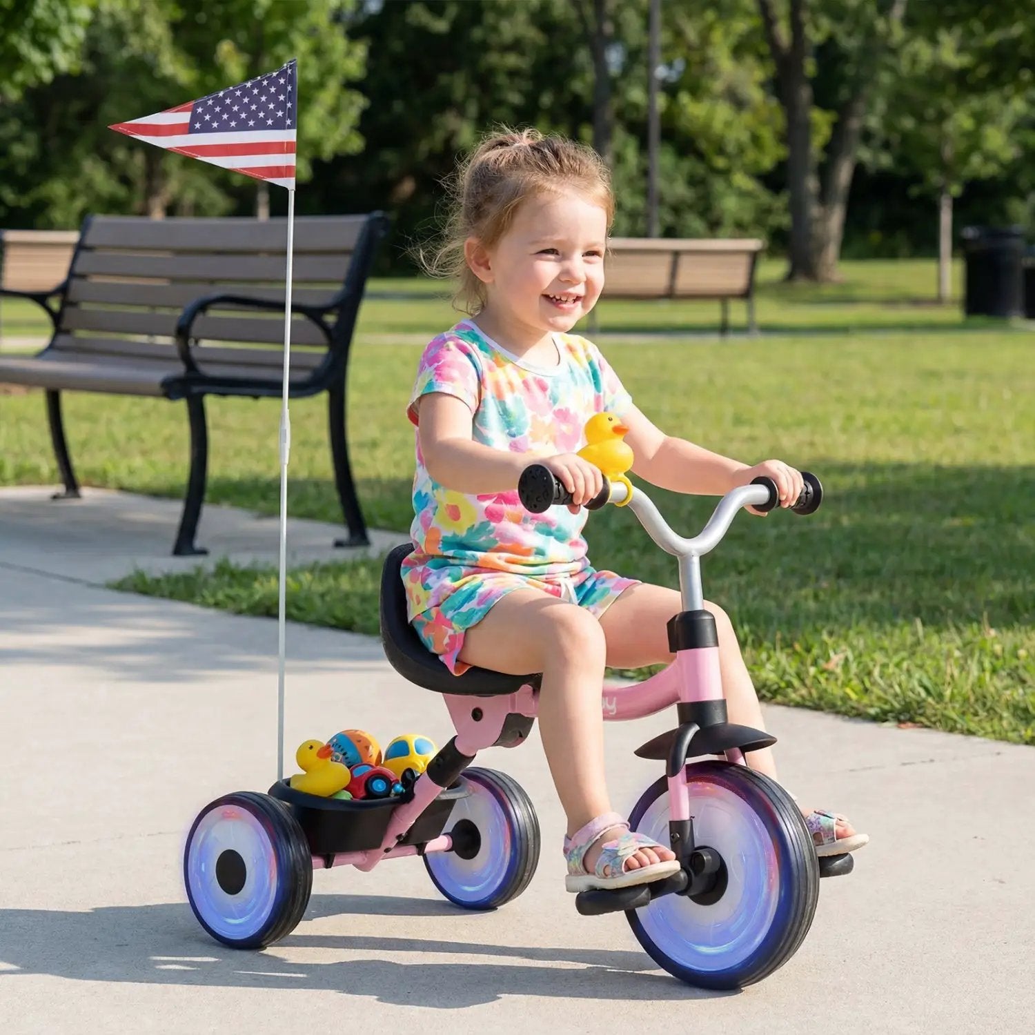 Glowing Wheels Toddler Tricycle Foldable Kids Trike with Basket and Duck Bell by DirectDeals