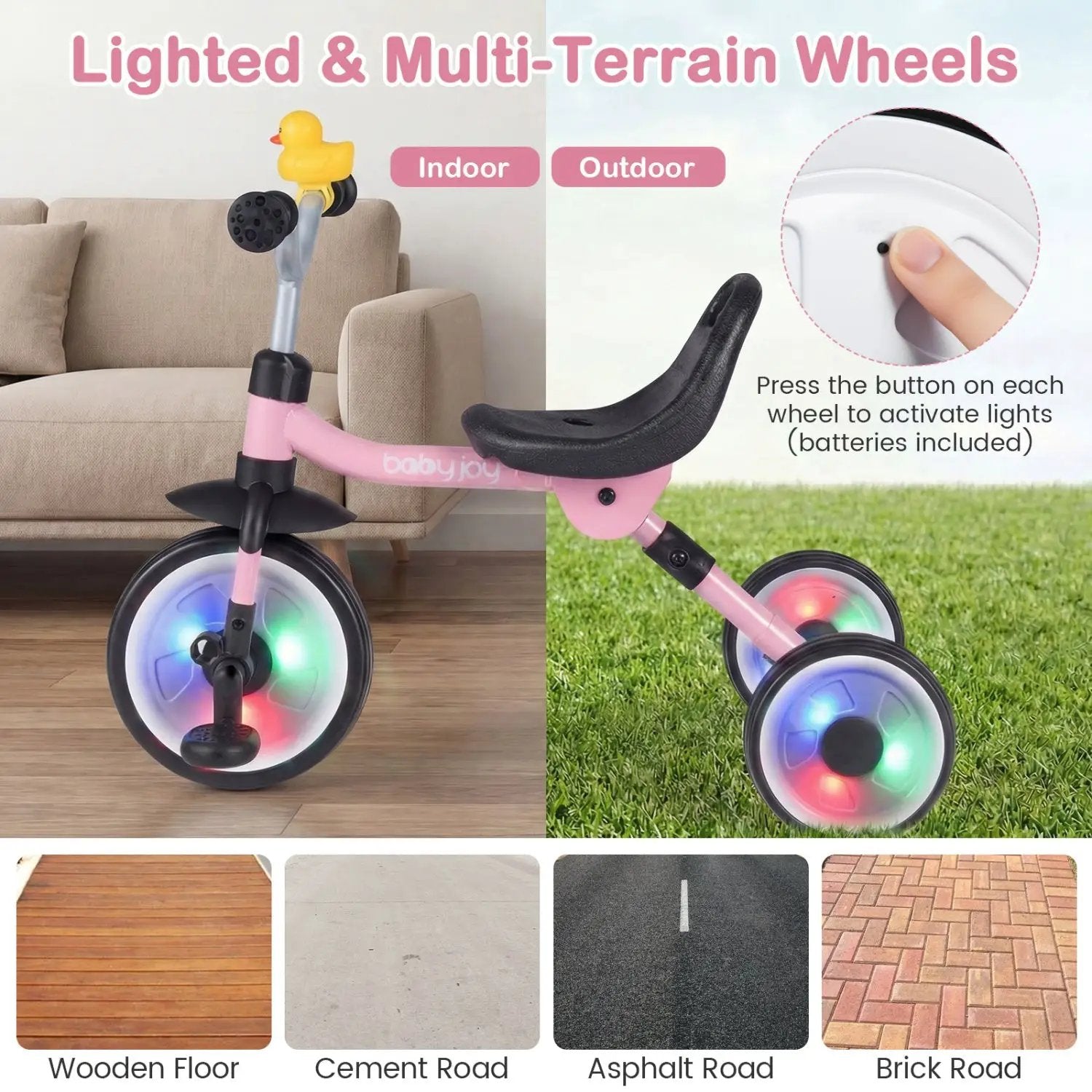 Glowing Wheels Toddler Tricycle Foldable Kids Trike with Basket and Duck Bell by DirectDeals