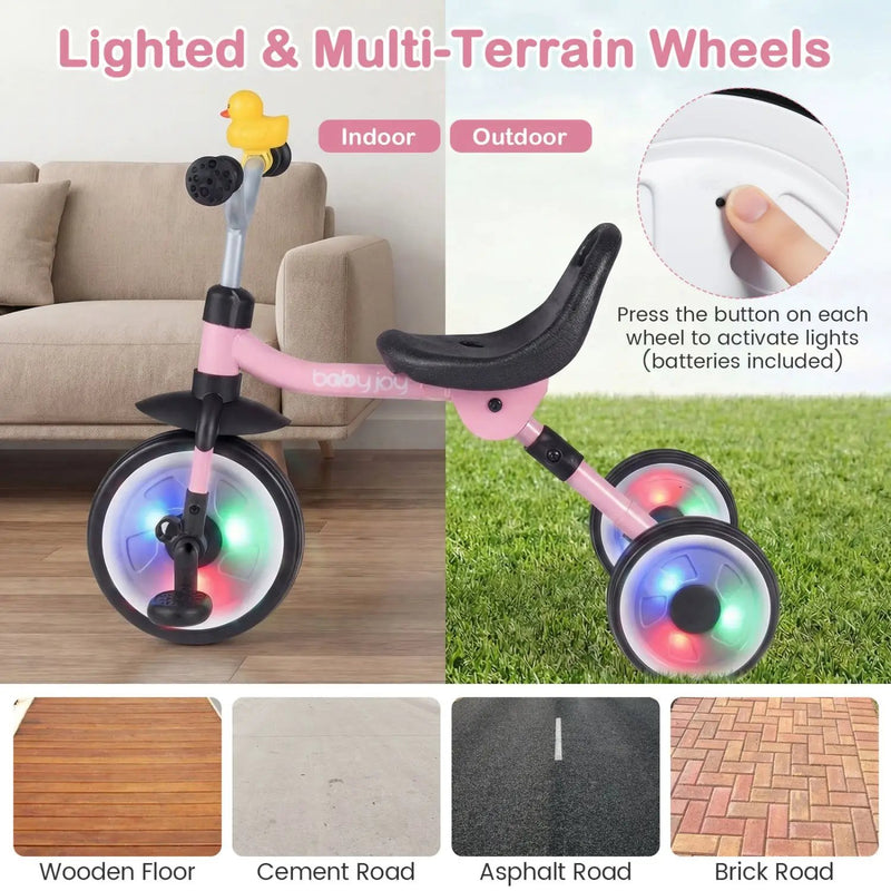 Glowing Wheels Toddler Tricycle Foldable Kids Trike with Basket and Duck Bell by DirectDeals