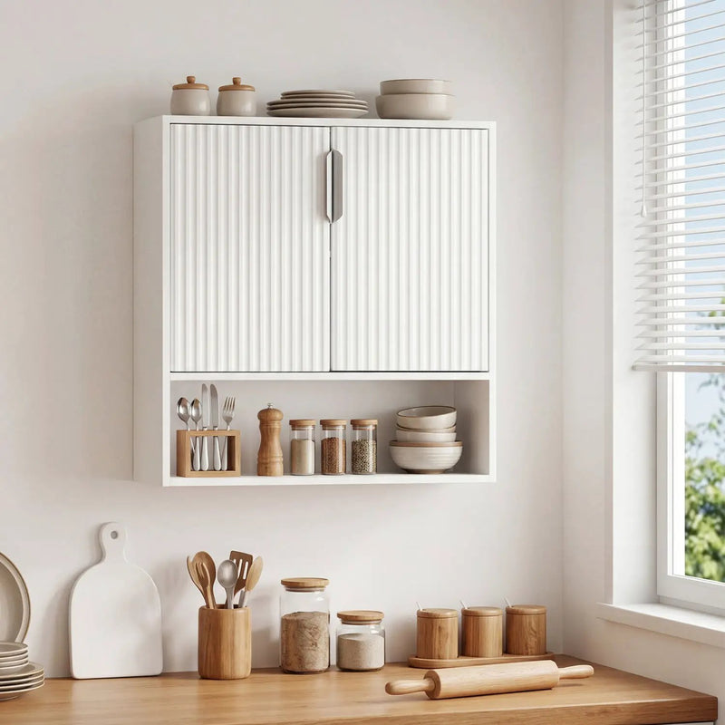 Bathroom Wall Cabinet with 2 Fluted Doors and Open Cube and Adjustable Shelf by DirectDeals