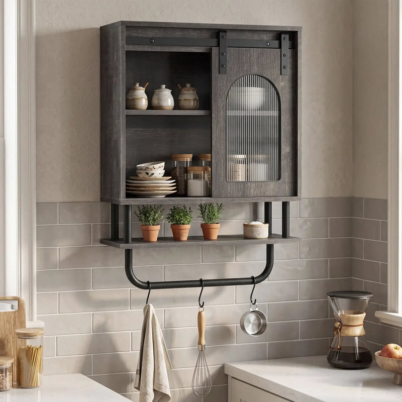 Bathroom Wall Cabinet with Sliding Barn Door and Metal Hanging Bar with 3 Hooks by DirectDeals