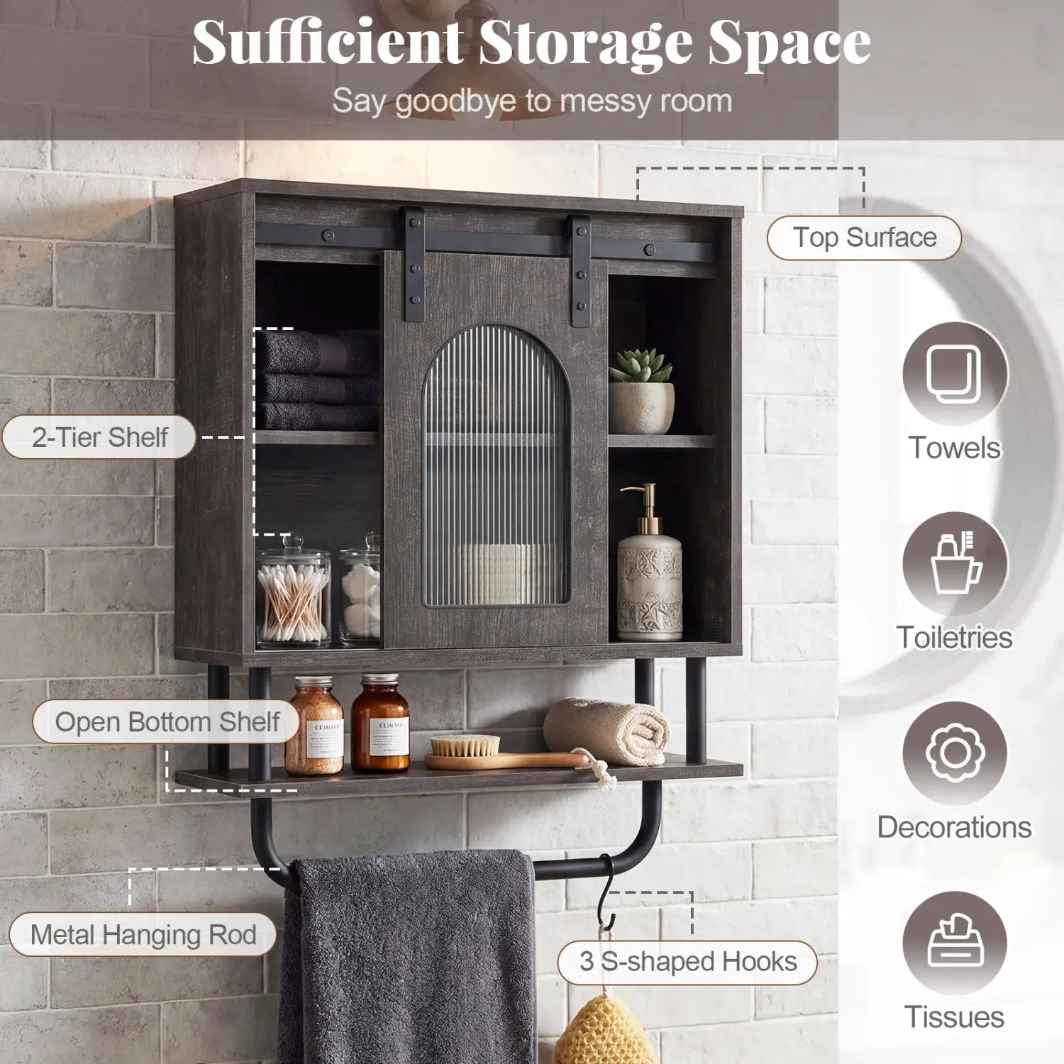 Bathroom Wall Cabinet with Sliding Barn Door and Metal Hanging Bar with 3 Hooks by DirectDeals