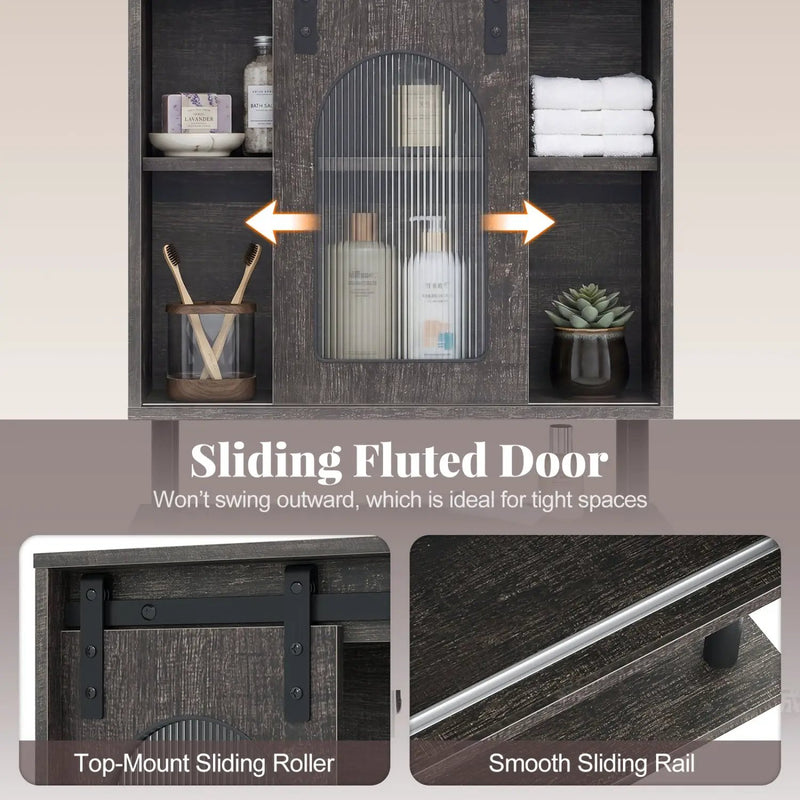Bathroom Wall Cabinet with Sliding Barn Door and Metal Hanging Bar with 3 Hooks by DirectDeals