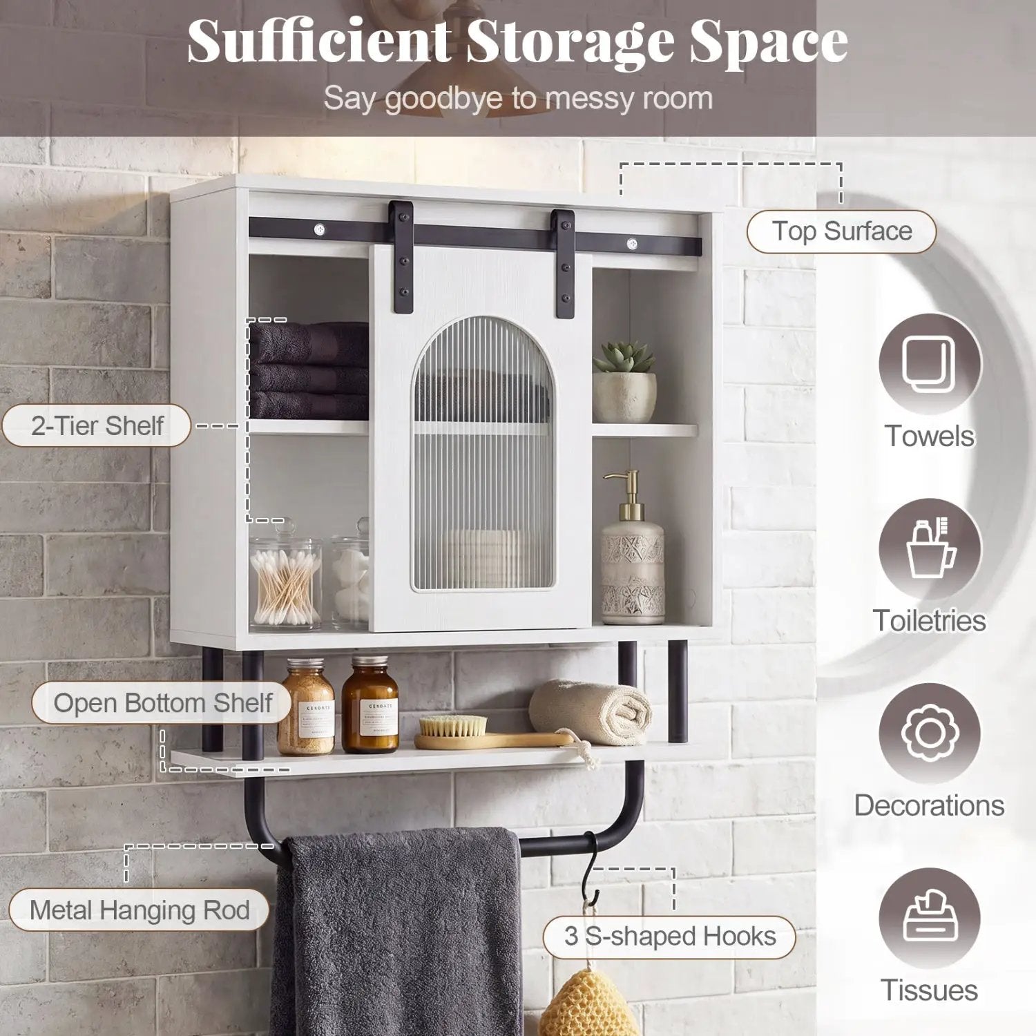 Bathroom Wall Cabinet with Sliding Barn Door and Metal Hanging Bar with 3 Hooks by DirectDeals