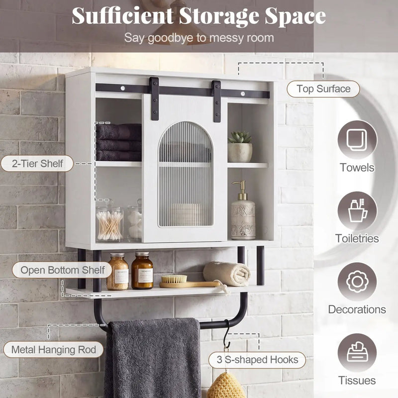 Bathroom Wall Cabinet with Sliding Barn Door and Metal Hanging Bar with 3 Hooks by DirectDeals