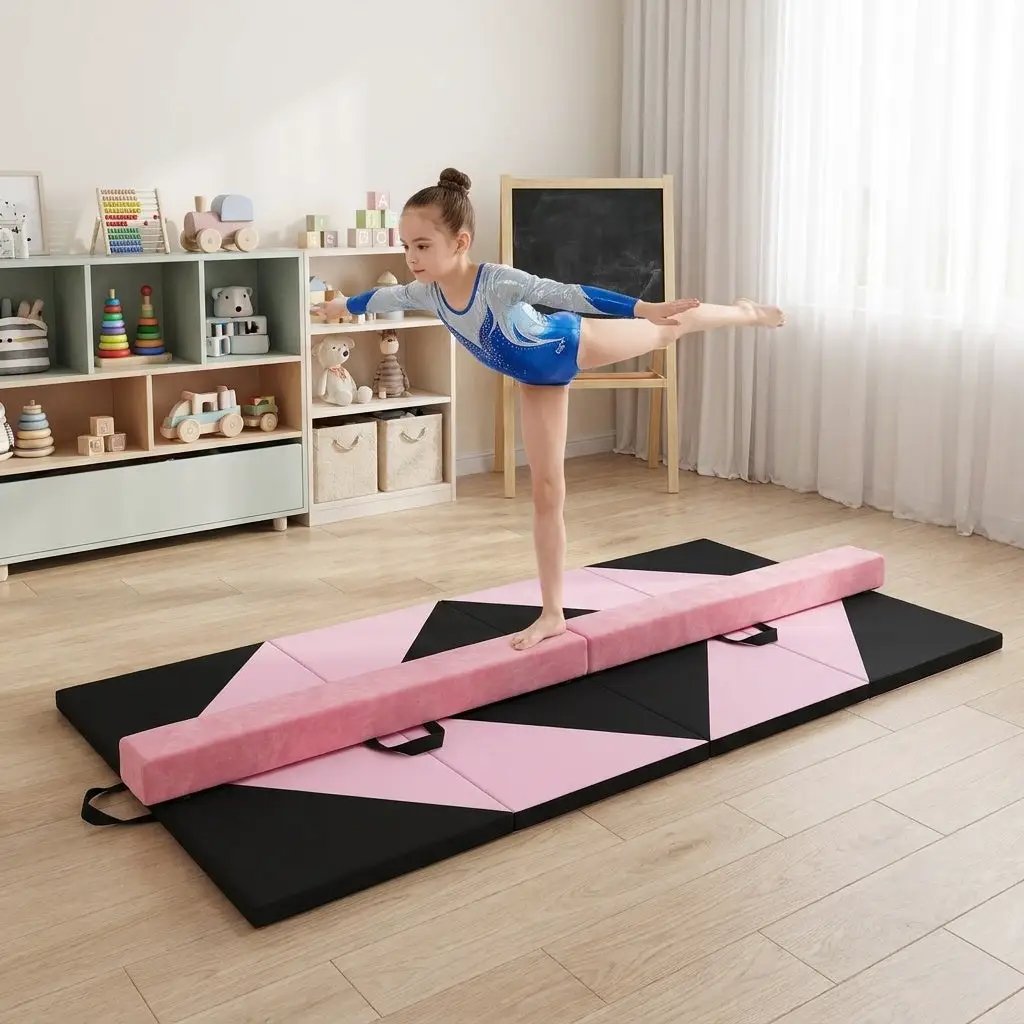 Folding Gymnastics Mat and Portable Floor Balance Beam Set by DirectDeals