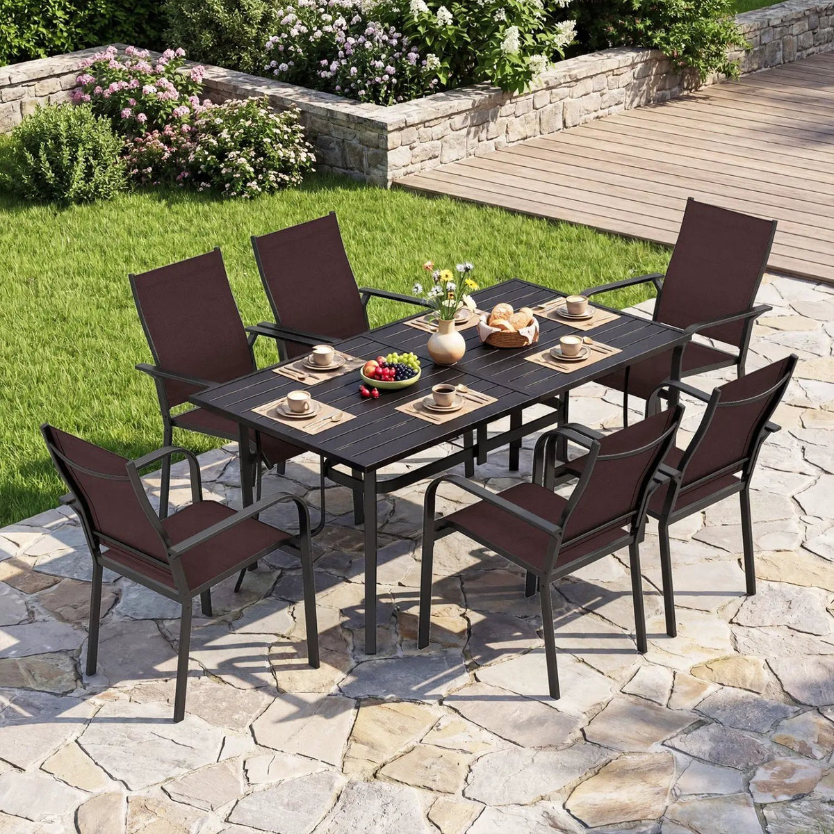 7-Piece Patio Dining Set for 6 with Rectangle Metal Table and Stackable Breathable Mesh Armchairs, photo 3 of 16