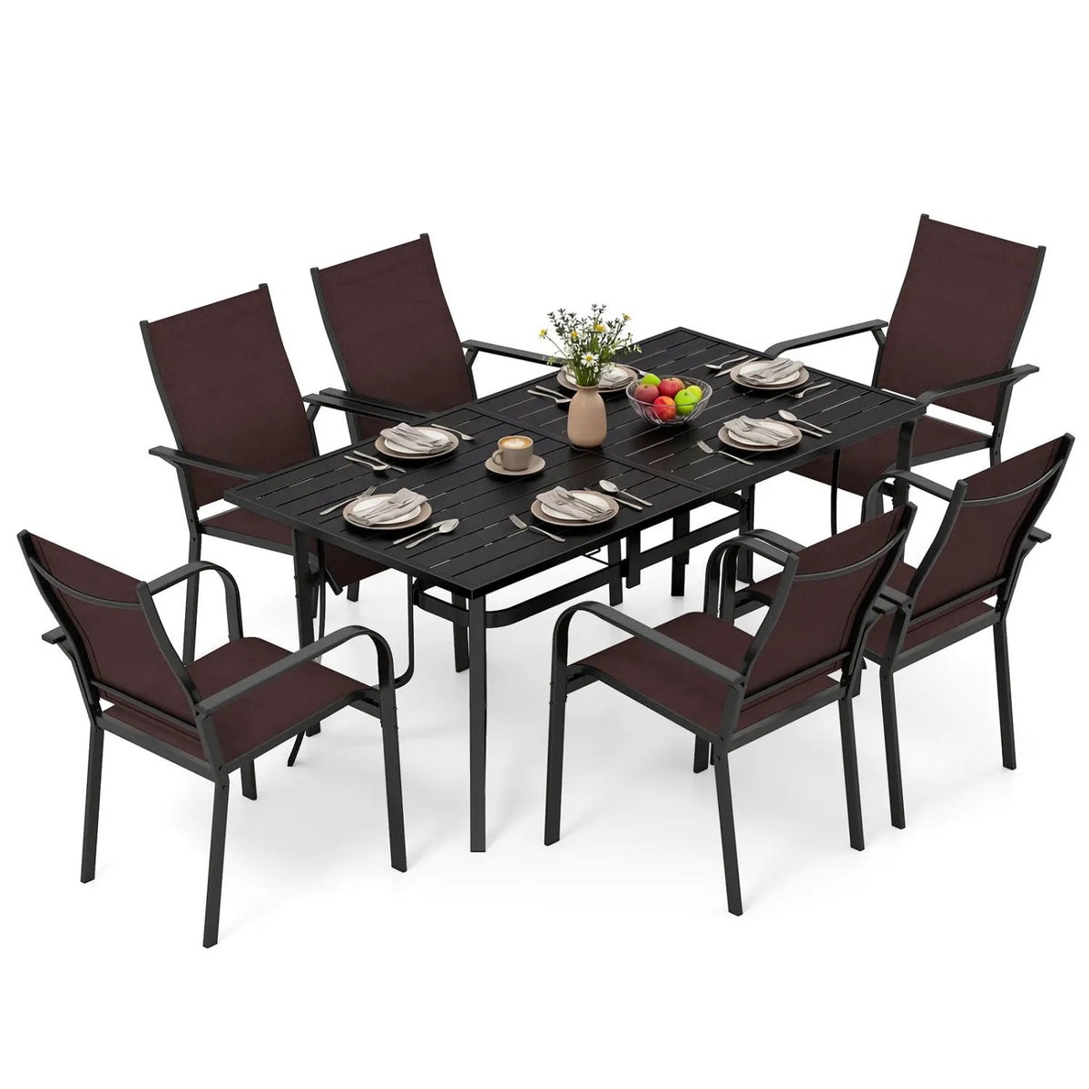 7-Piece Patio Dining Set for 6 with Rectangle Metal Table and Stackable Breathable Mesh Armchairs