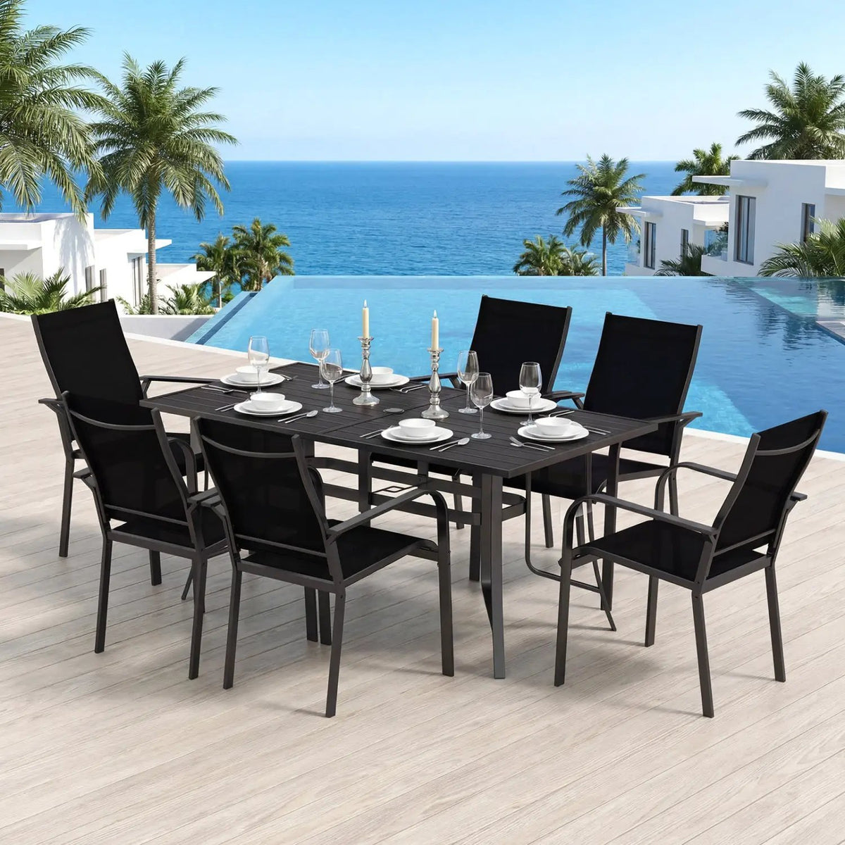 7-Piece Patio Dining Set for 6 with Rectangle Metal Table and Stackable Breathable Mesh Armchairs, photo 10 of 16