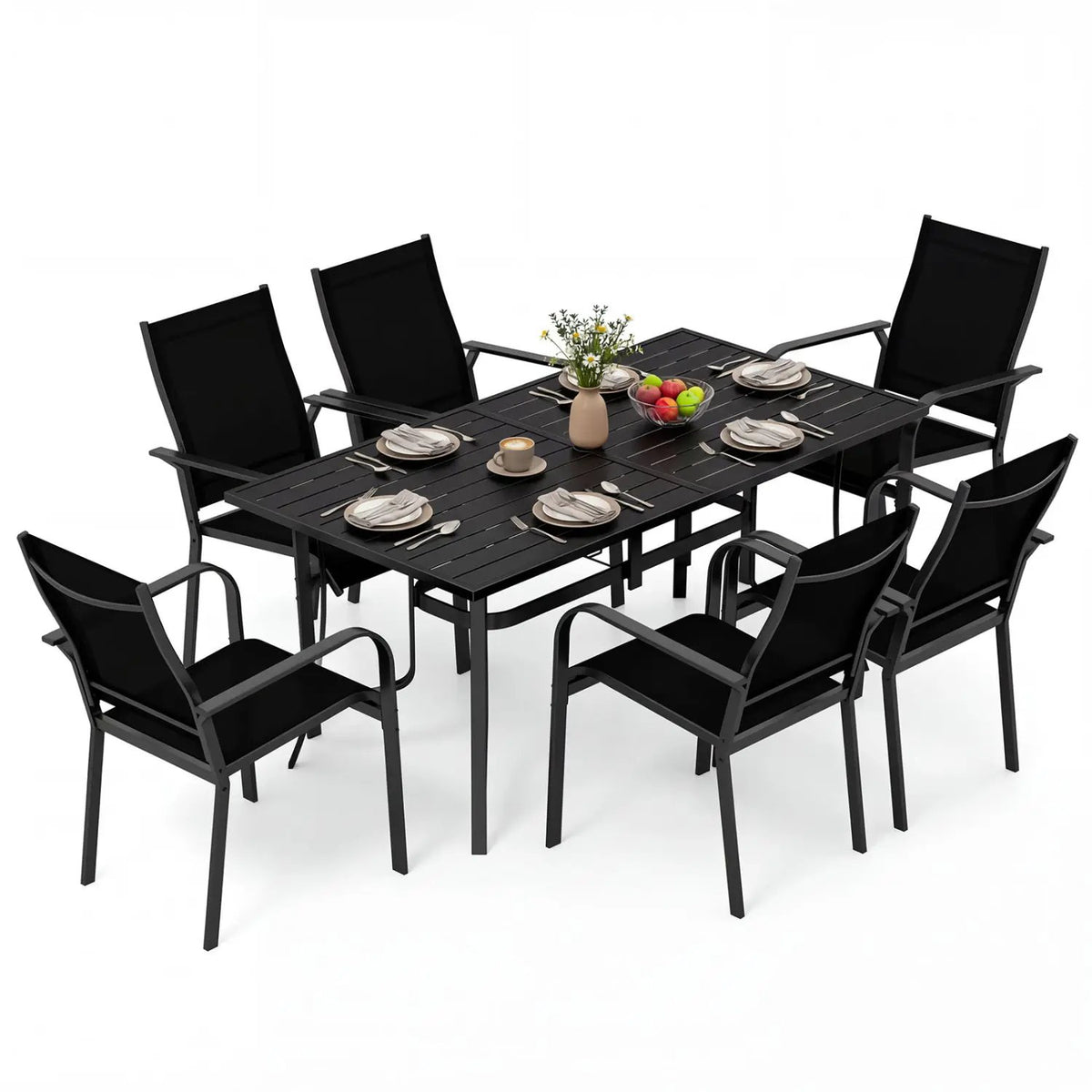 7-Piece Patio Dining Set for 6 with Rectangle Metal Table and Stackable Breathable Mesh Armchairs, photo 11 of 16