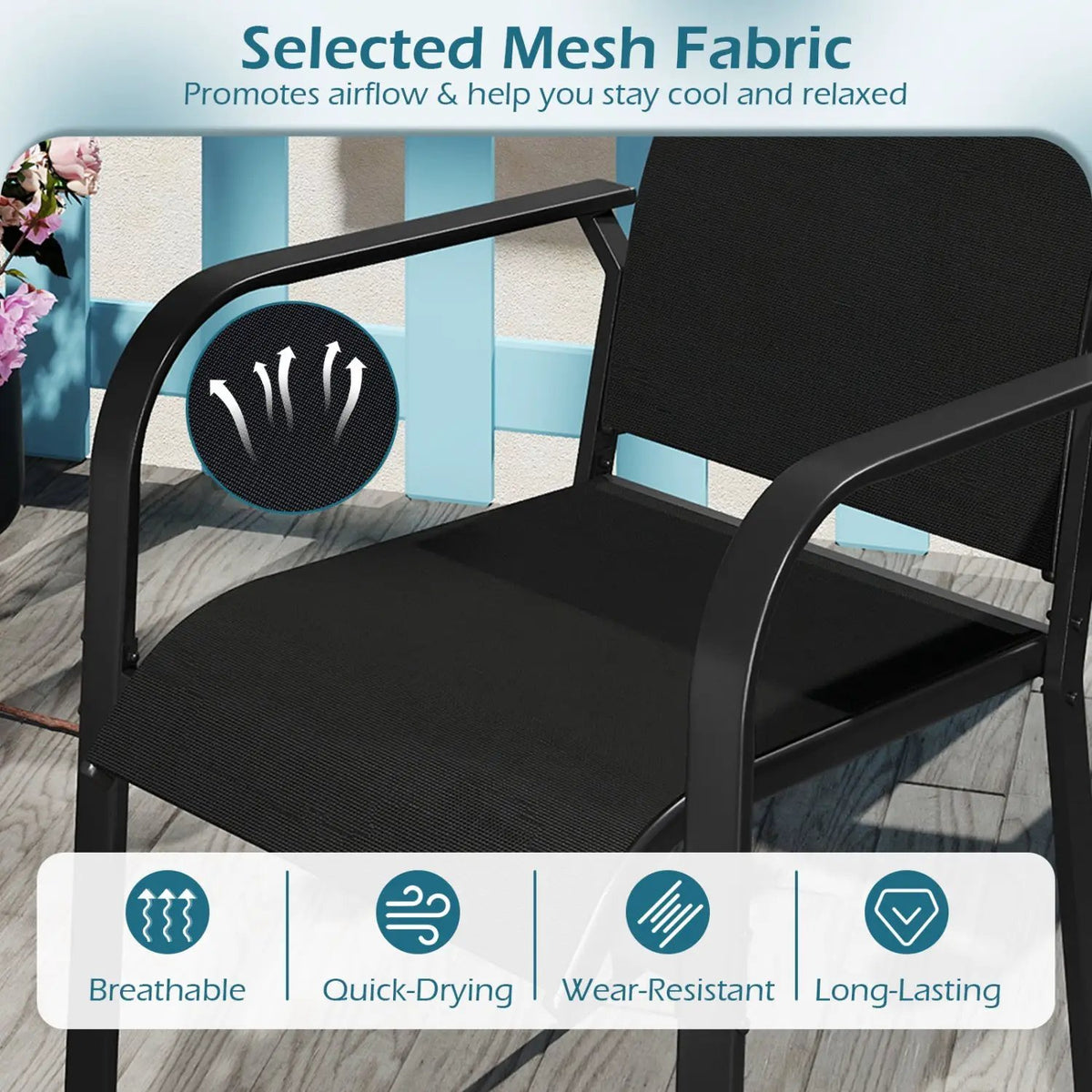 7-Piece Patio Dining Set for 6 with Rectangle Metal Table and Stackable Breathable Mesh Armchairs, photo 14 of 16