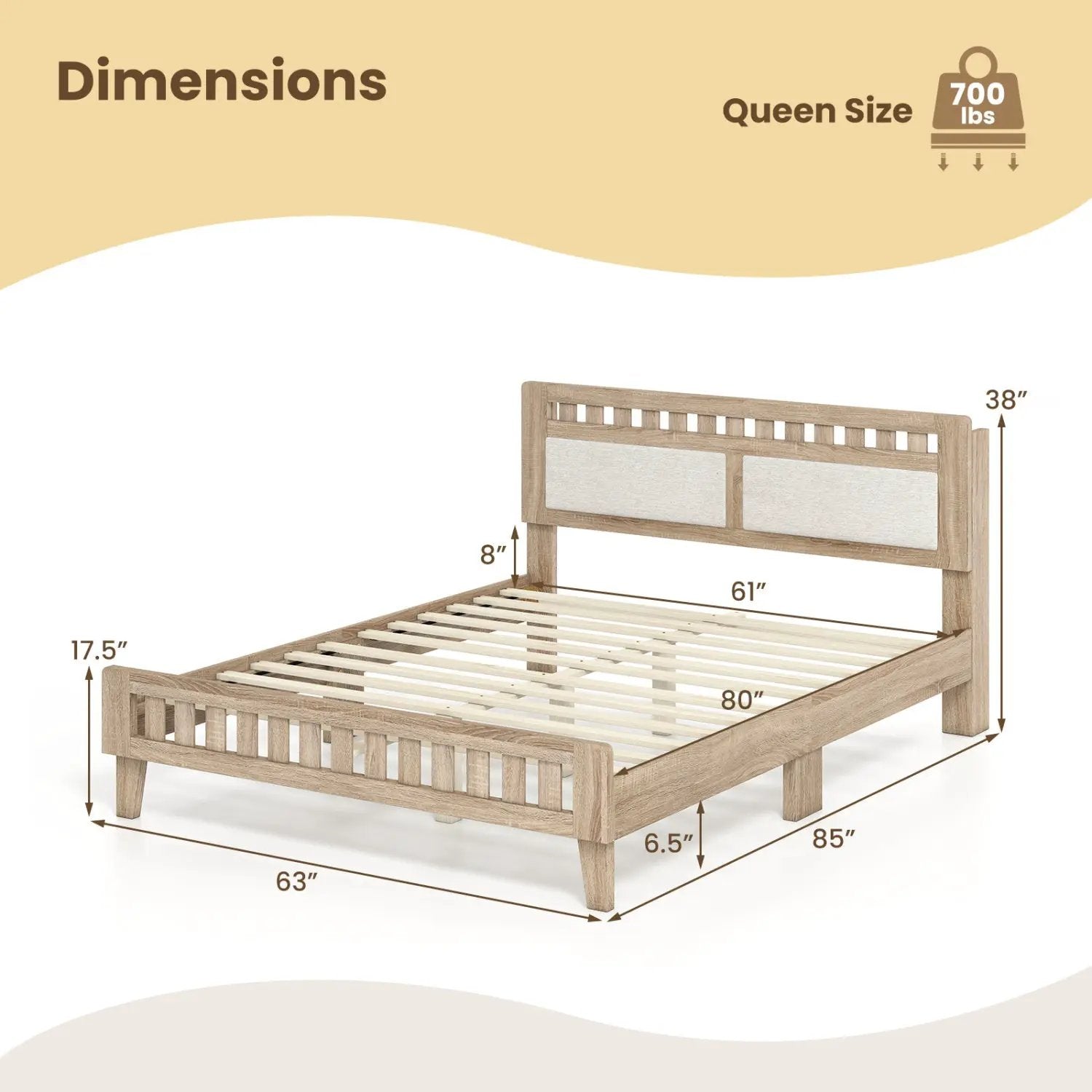 Queen Wood Bed Frame with Upholstered Headboard by DirectDeals