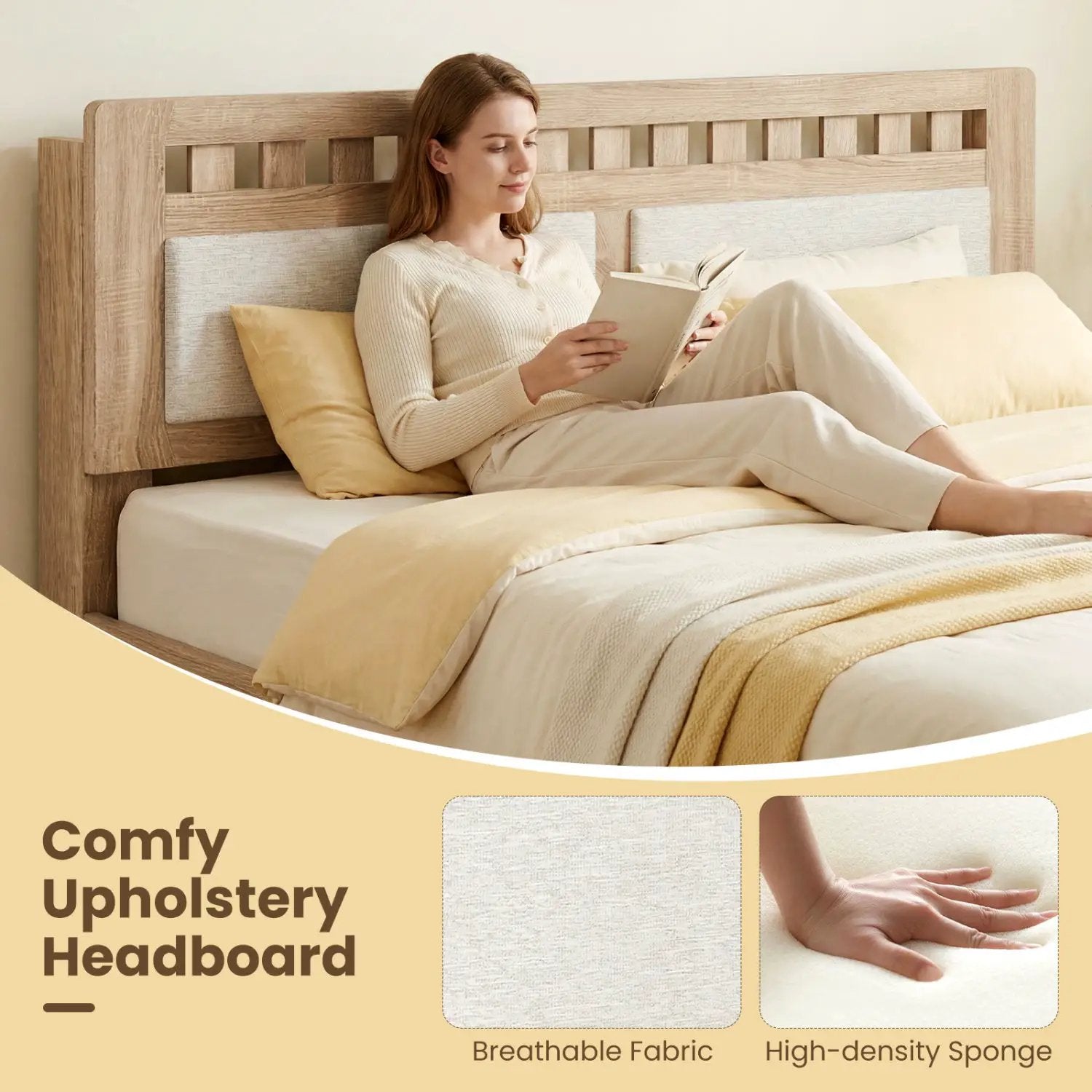 Queen Wood Bed Frame with Upholstered Headboard by DirectDeals
