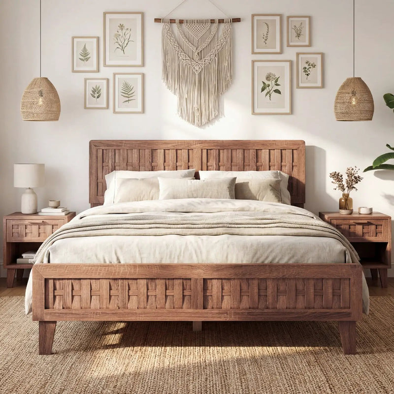 Mid Century Queen Size Bed Frame with Woven Accent Headboard by DirectDeals