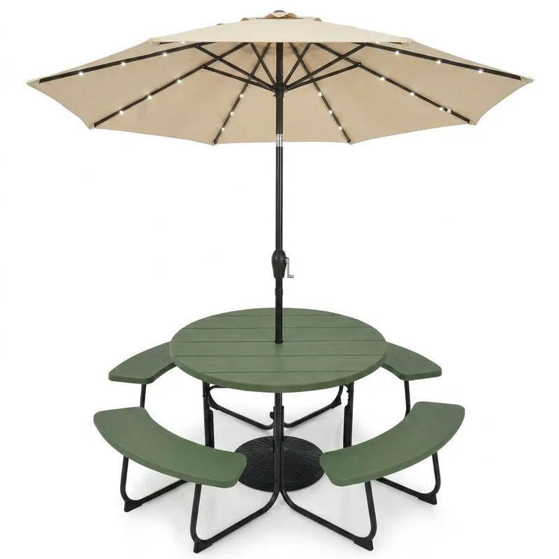 3-Piece Round Picnic Table Set with 10FT Solar LED Tilt Umbrella and Base for Patio Backyard by DirectDeals