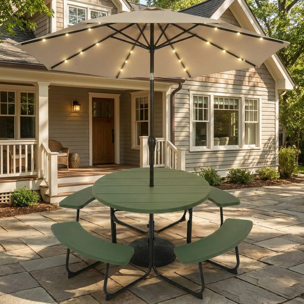 3-Piece Round Picnic Table Set with 10FT Solar LED Tilt Umbrella and Base for Patio Backyard by DirectDeals