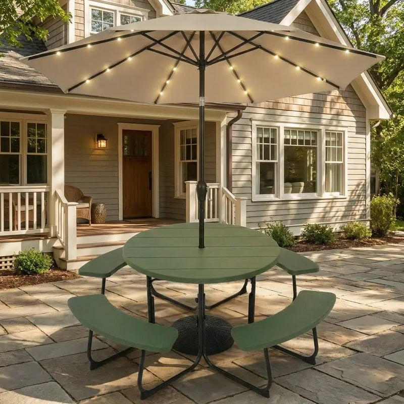 3-Piece Round Picnic Table Set with 10FT Solar LED Tilt Umbrella and Base for Patio Backyard by DirectDeals