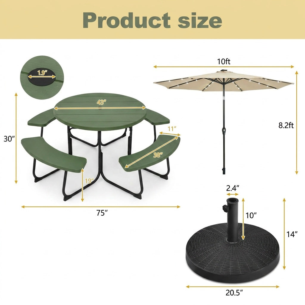 3-Piece Round Picnic Table Set with 10FT Solar LED Tilt Umbrella and Base for Patio Backyard by DirectDeals