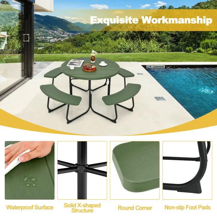3-Piece Round Picnic Table Set with 10FT Solar LED Tilt Umbrella and Base for Patio Backyard by DirectDeals