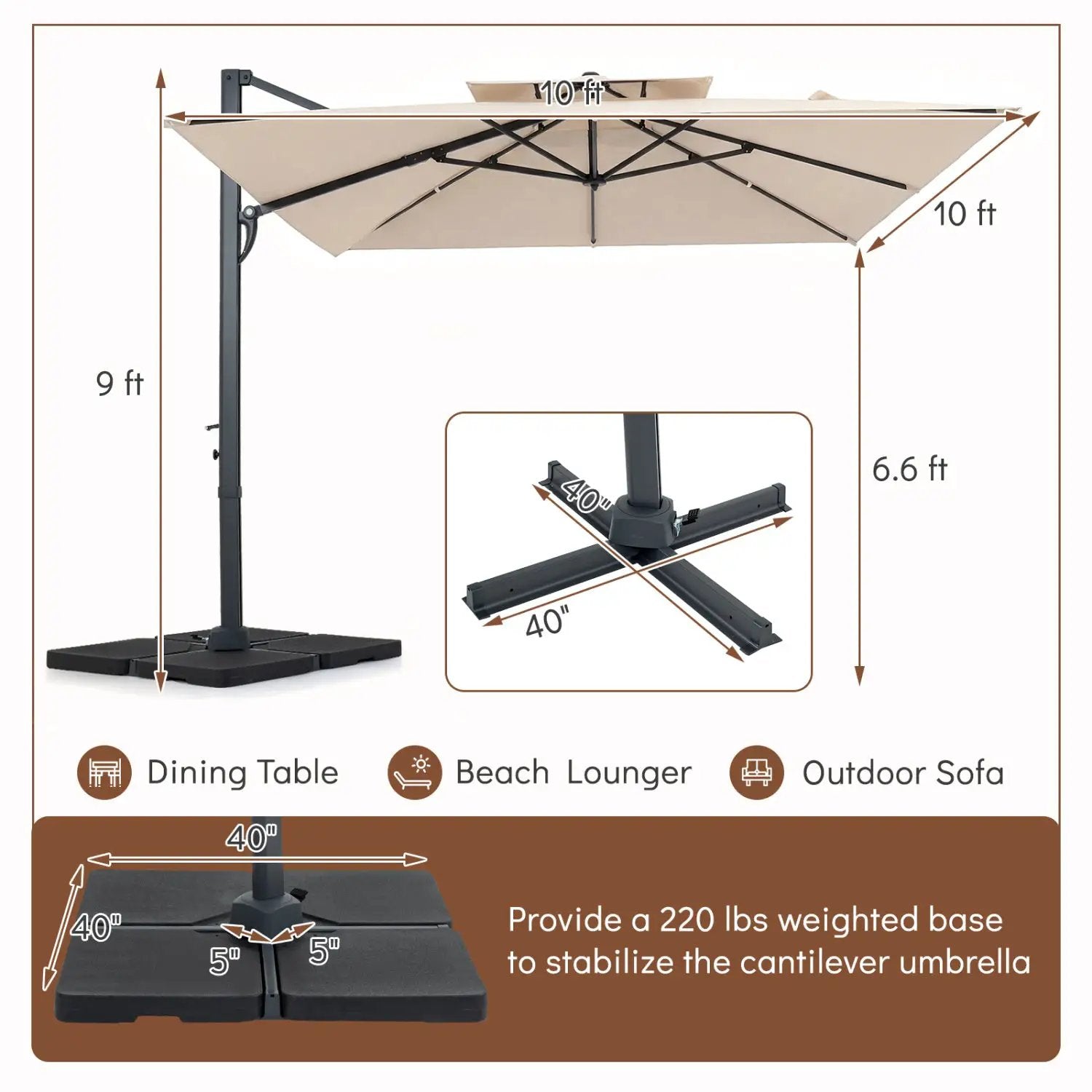 10 FT Cantilever Patio Umbrella with 220 LBS Base by DirectDeals