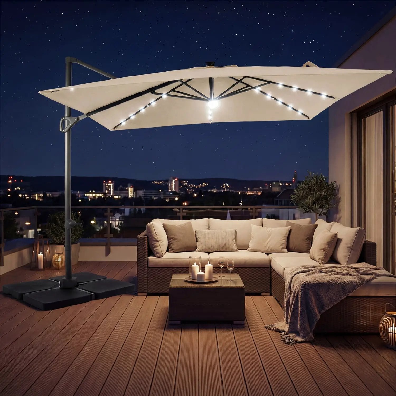 10 FT Cantilever Patio Umbrella with Solar LED Lights & Base by DirectDeals