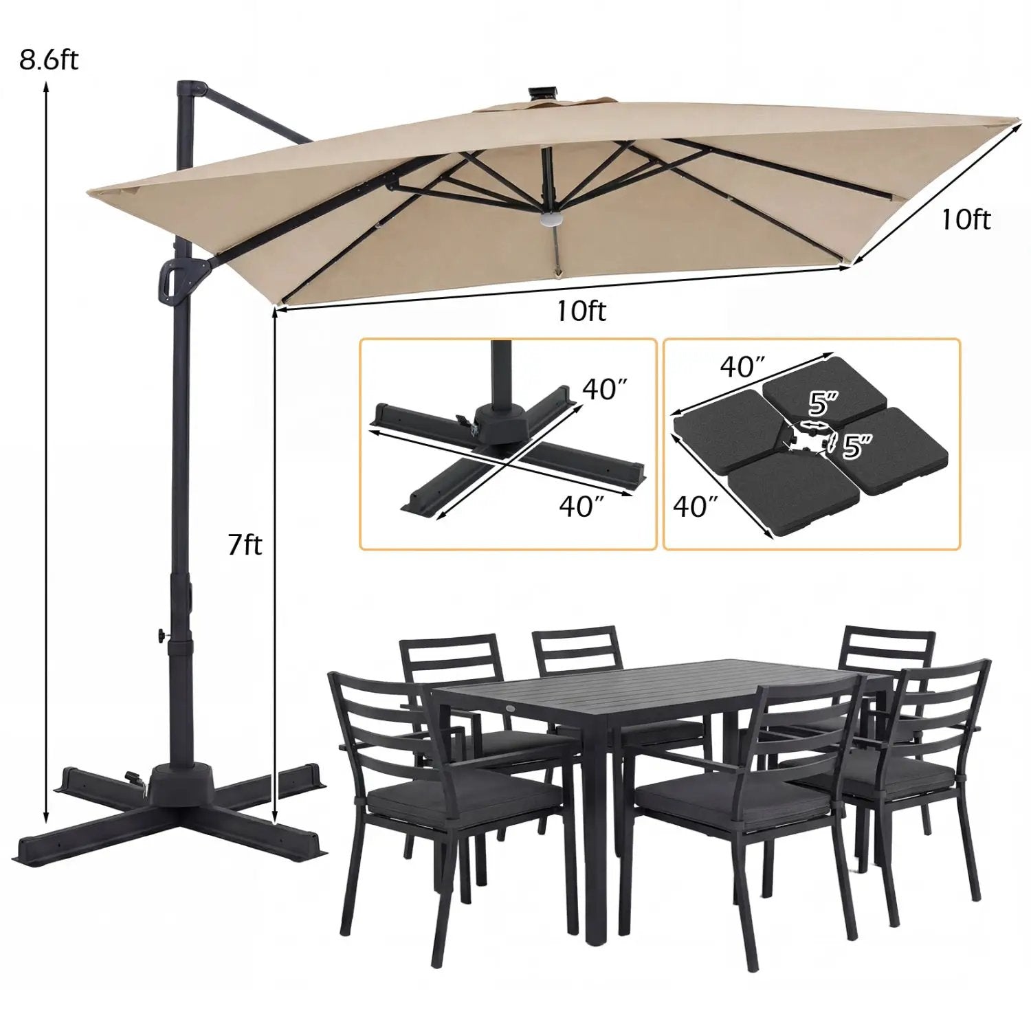10 FT Cantilever Patio Umbrella with Solar LED Lights & Base by DirectDeals