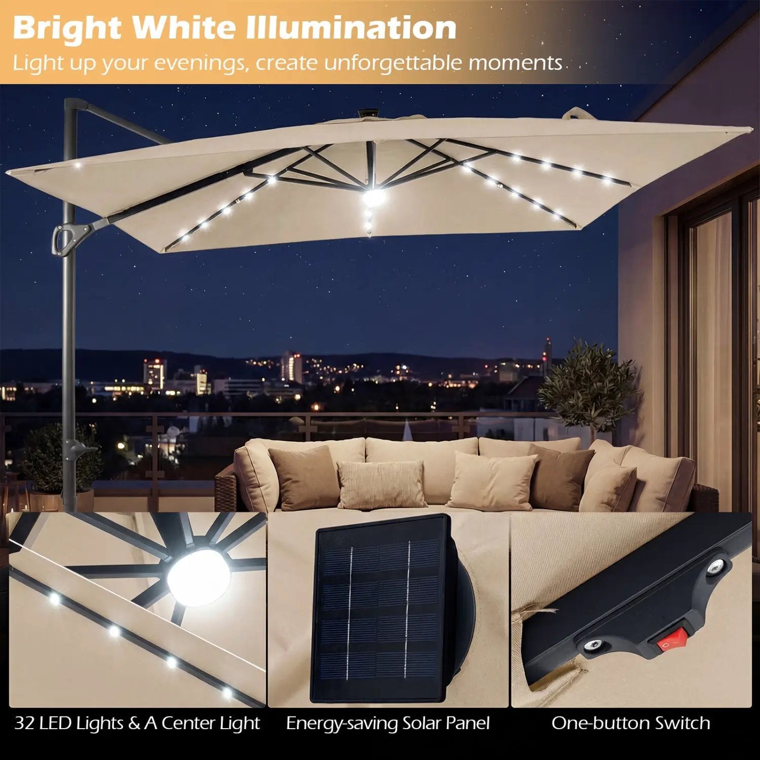 10 FT Cantilever Patio Umbrella with Solar LED Lights & Base by DirectDeals