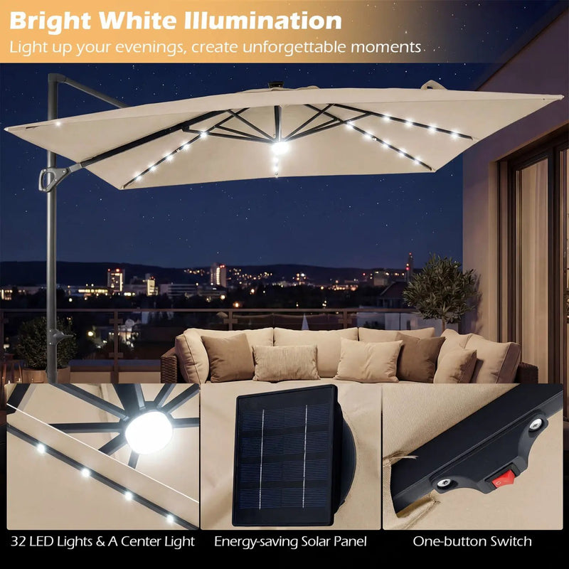 10 FT Cantilever Patio Umbrella with Solar LED Lights & Base by DirectDeals