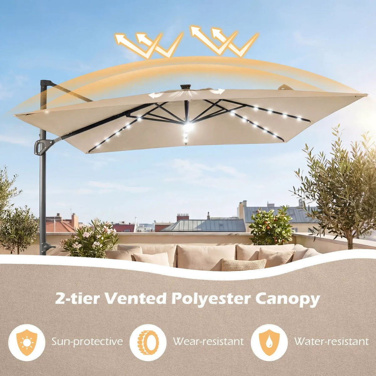 10 FT Cantilever Patio Umbrella with Solar LED Lights & Base, photo 7 of 40