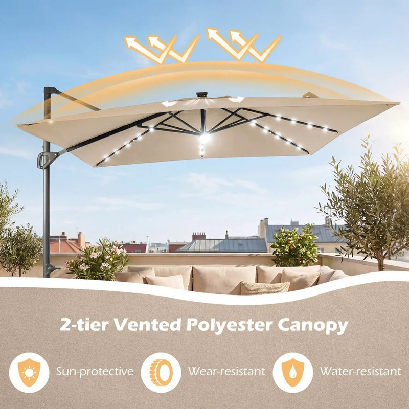 10 FT Cantilever Patio Umbrella with Solar LED Lights & Base by DirectDeals