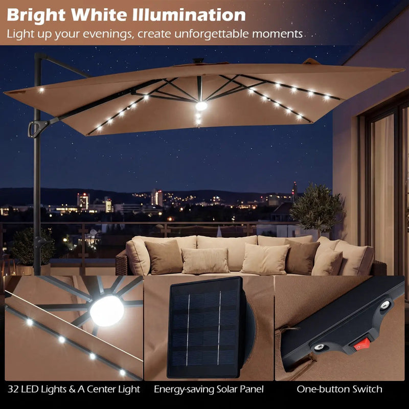10 FT Cantilever Patio Umbrella with Solar LED Lights & Base by DirectDeals