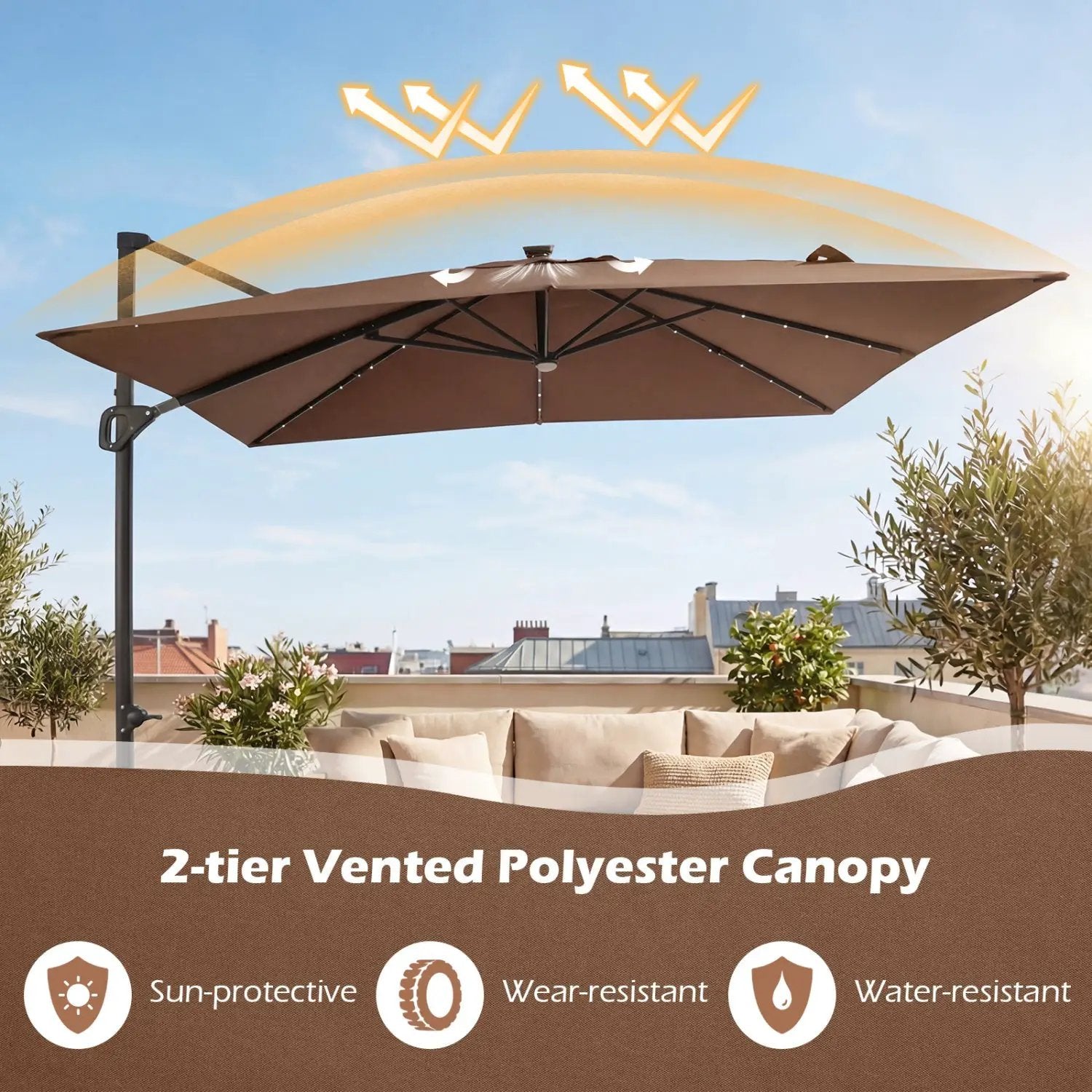 10 FT Cantilever Patio Umbrella with Solar LED Lights & Base by DirectDeals