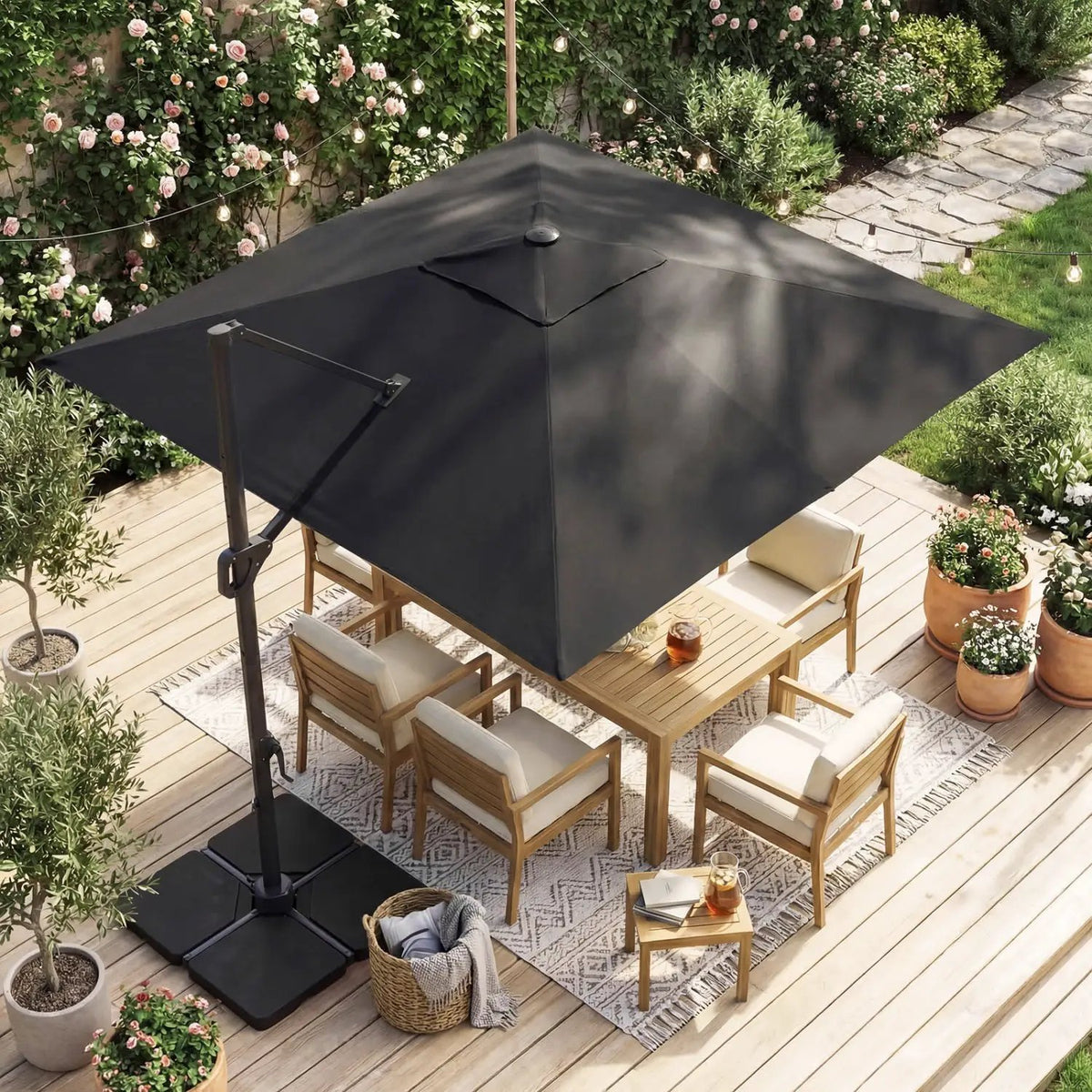 10 FT Cantilever Patio Umbrella with Solar LED Lights & Base, photo 18 of 40