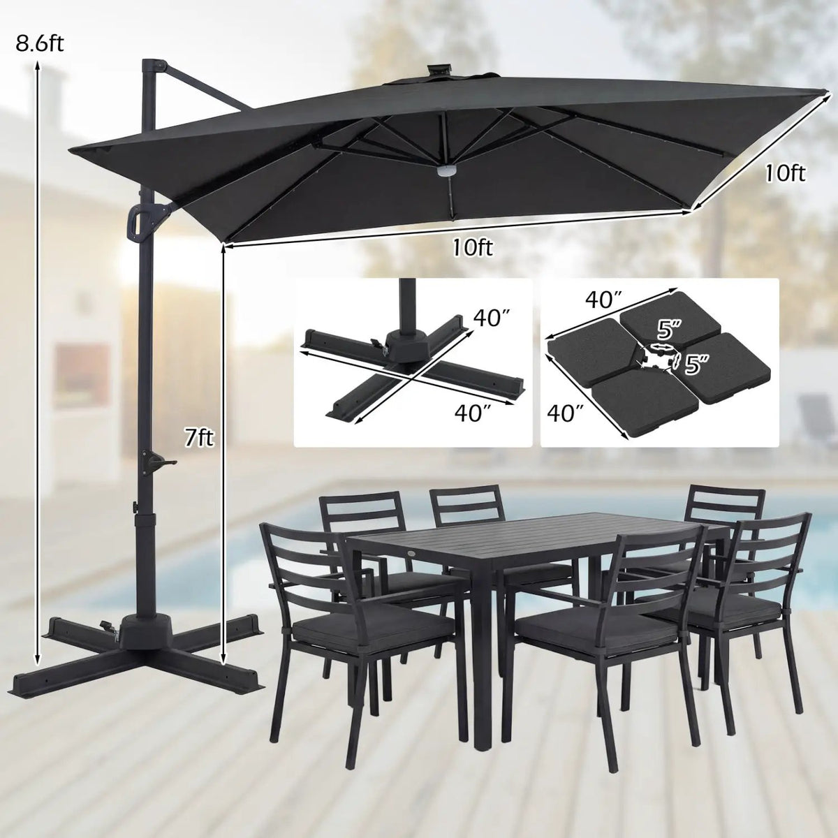 10 FT Cantilever Patio Umbrella with Solar LED Lights & Base, photo 20 of 40