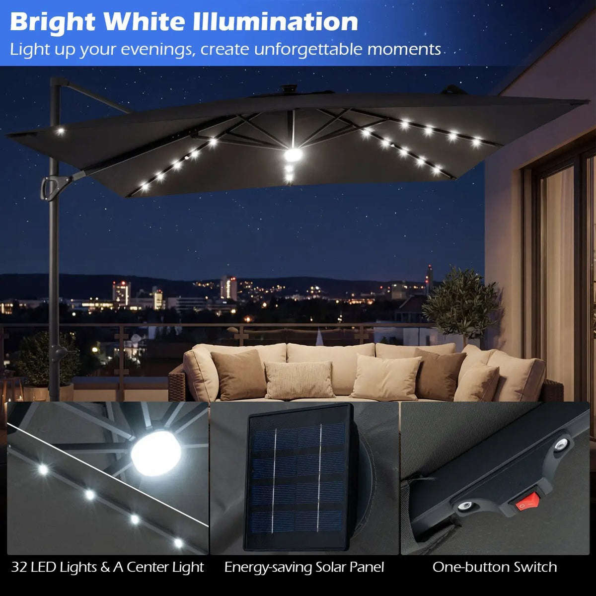 10 FT Cantilever Patio Umbrella with Solar LED Lights & Base, photo 22 of 40