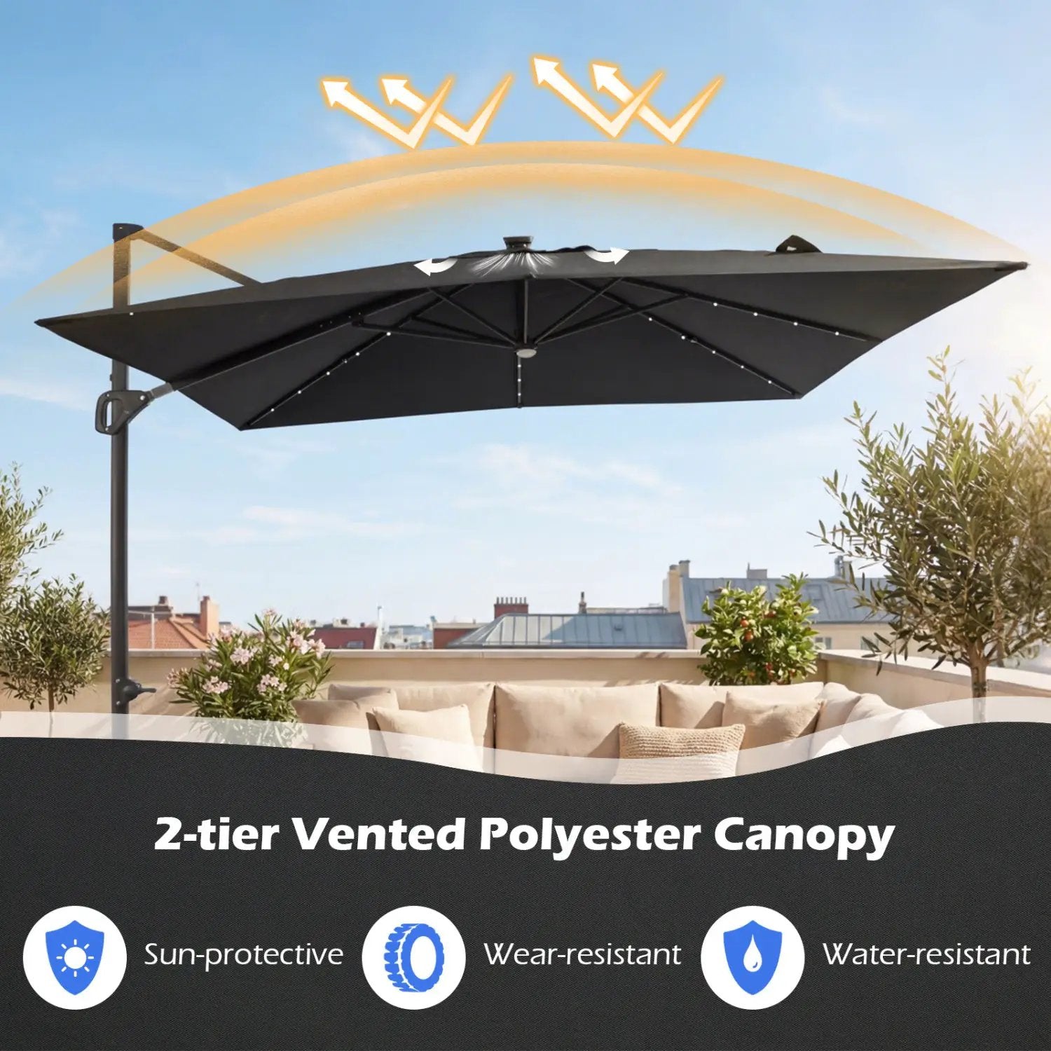 10 FT Cantilever Patio Umbrella with Solar LED Lights & Base by DirectDeals