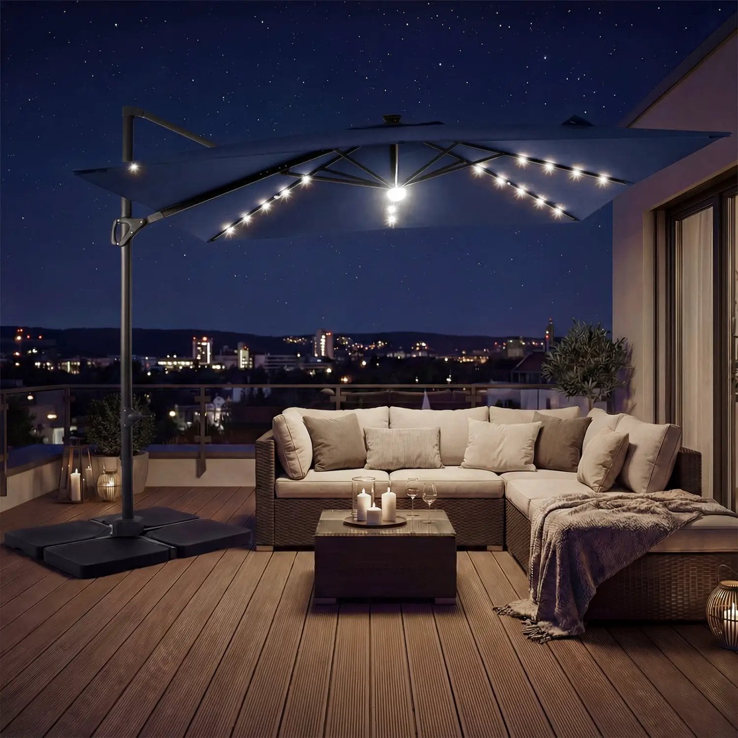 10 FT Cantilever Patio Umbrella with Solar LED Lights & Base by DirectDeals