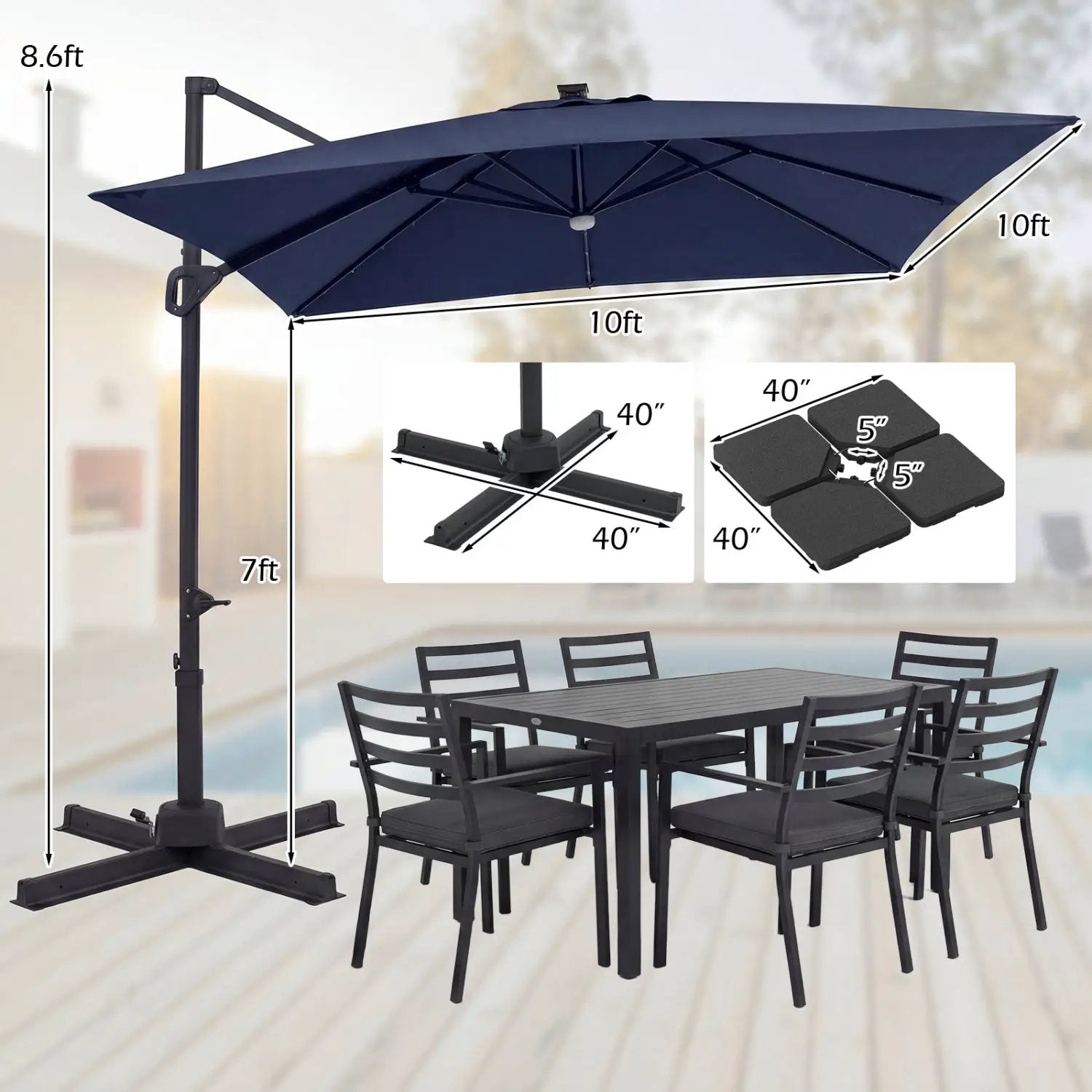 10 FT Cantilever Patio Umbrella with Solar LED Lights & Base by DirectDeals