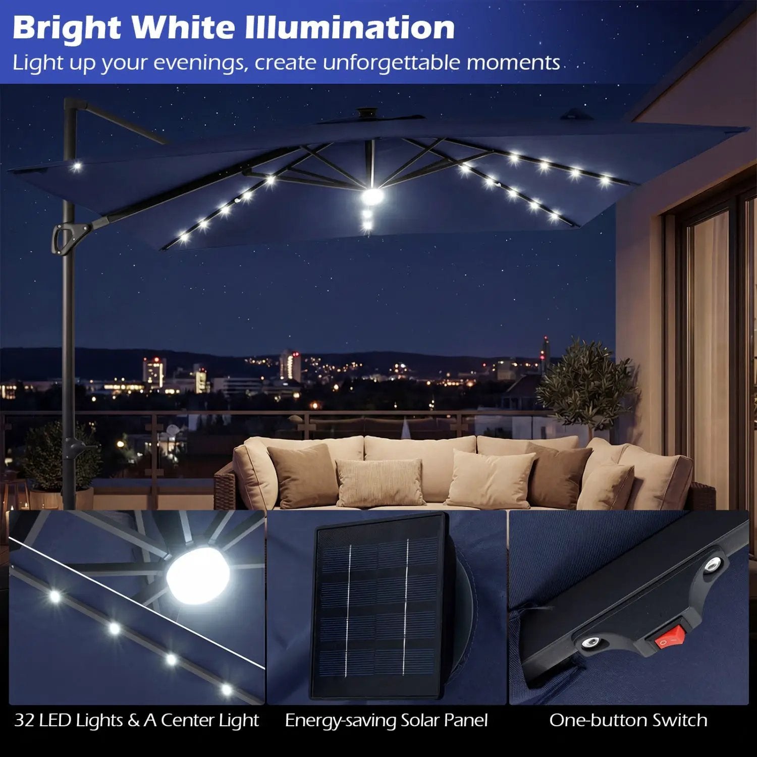 10 FT Cantilever Patio Umbrella with Solar LED Lights & Base by DirectDeals