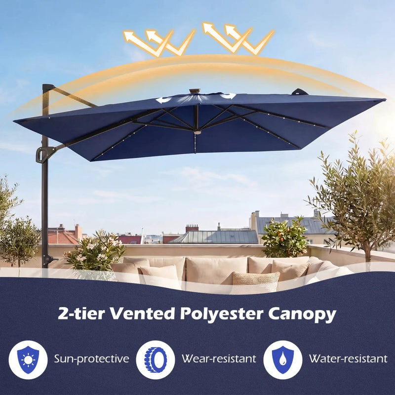 10 FT Cantilever Patio Umbrella with Solar LED Lights & Base by DirectDeals