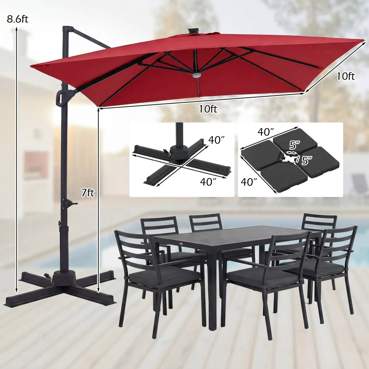 10 FT Cantilever Patio Umbrella with Solar LED Lights & Base, photo 36 of 40
