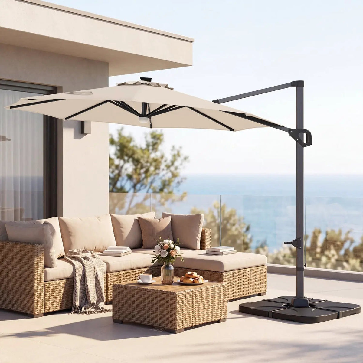 10 FT Cantilever Patio Umbrella with Solar LED Lights & Base