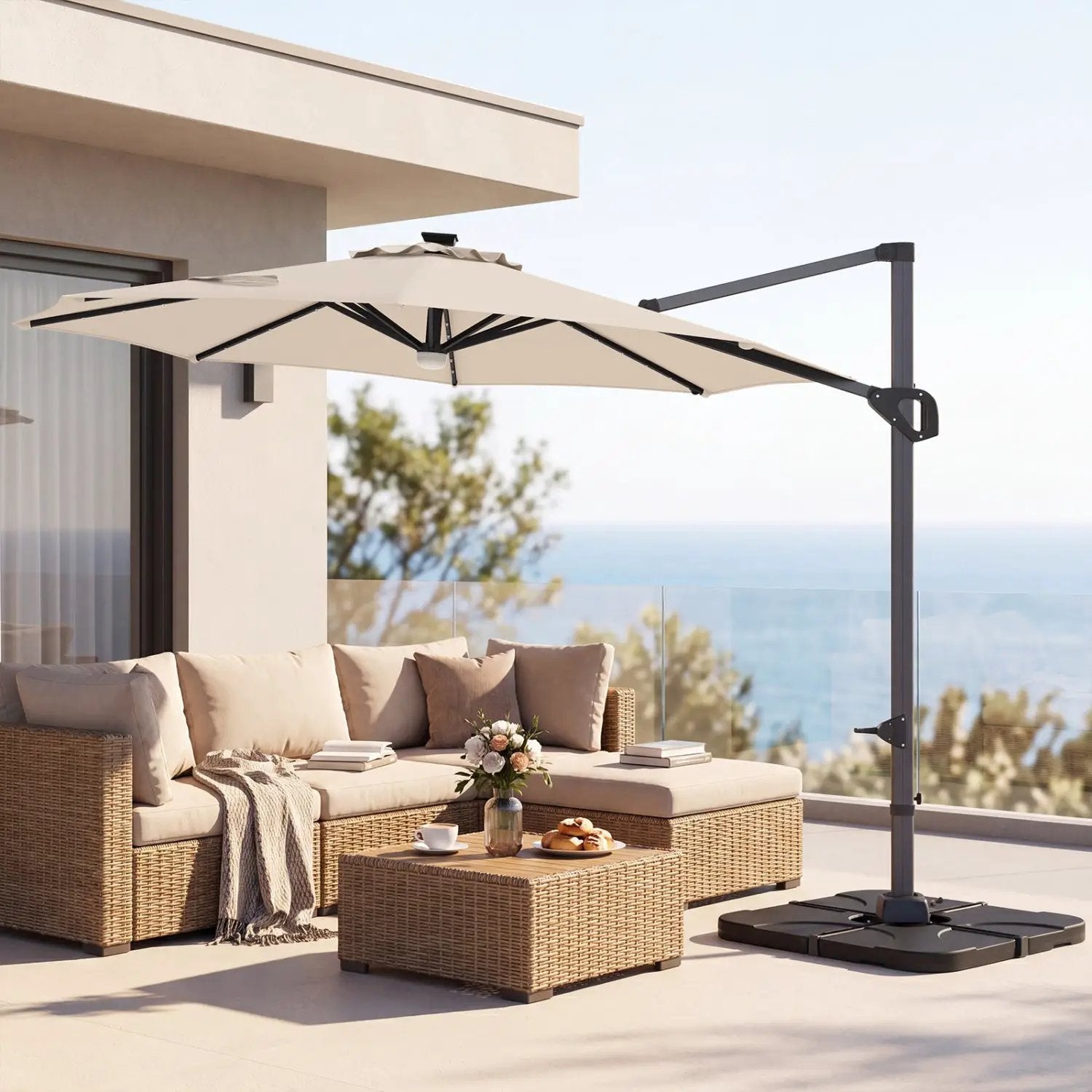10 FT Cantilever Patio Umbrella with Solar LED Lights & Base by DirectDeals