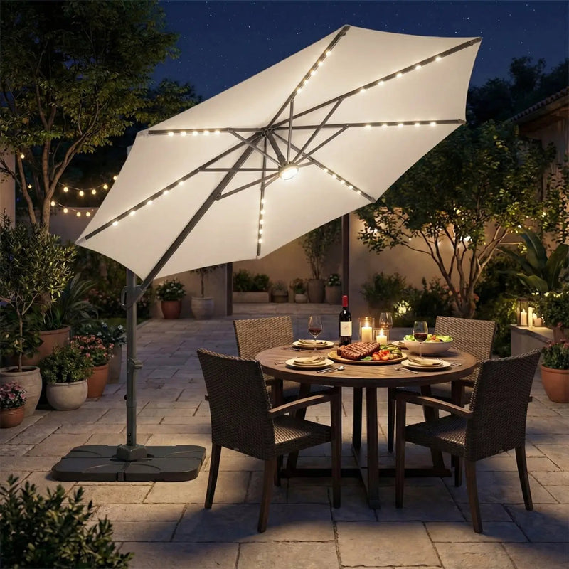 10 FT Cantilever Patio Umbrella with Solar LED Lights & Base by DirectDeals