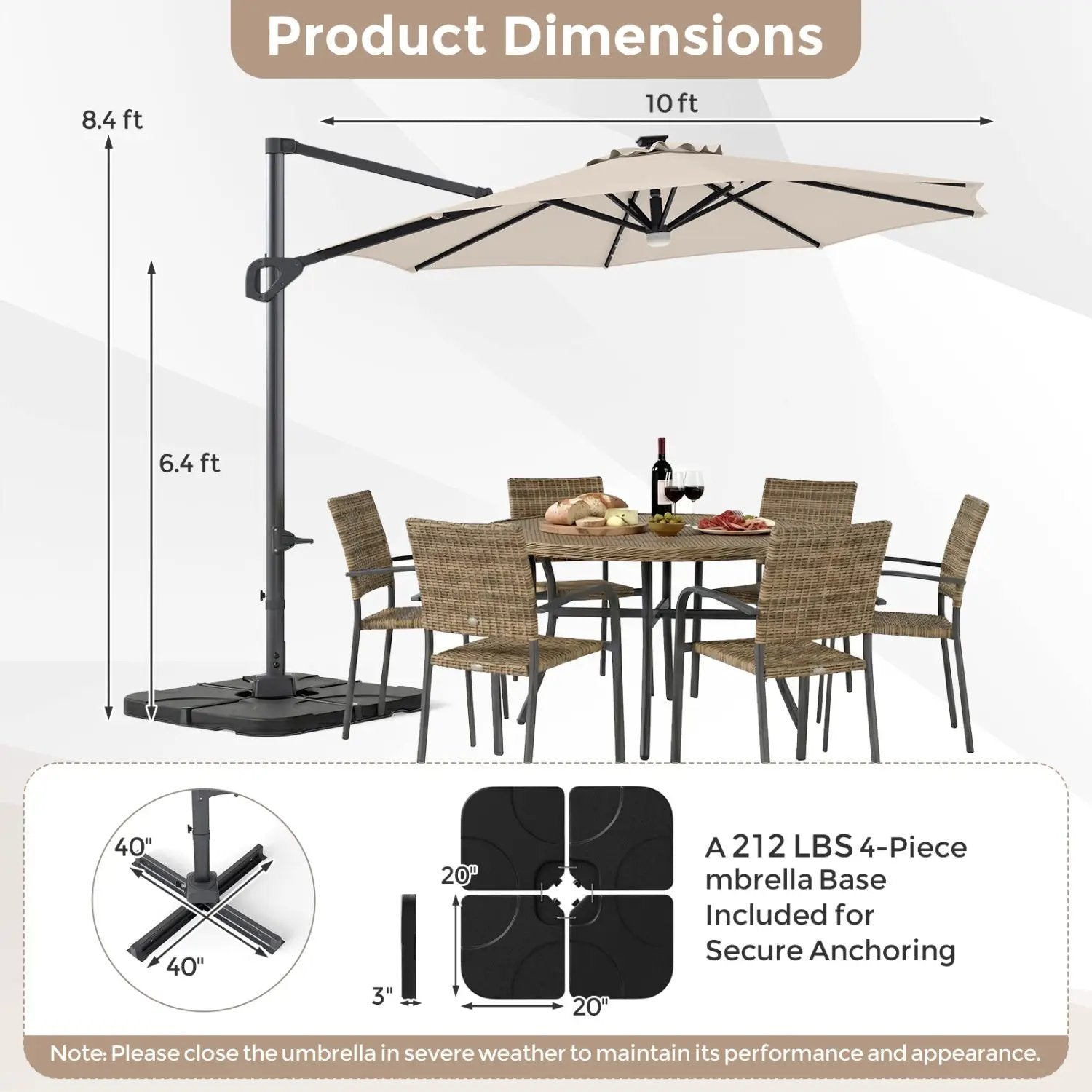 10 FT Cantilever Patio Umbrella with Solar LED Lights & Base by DirectDeals